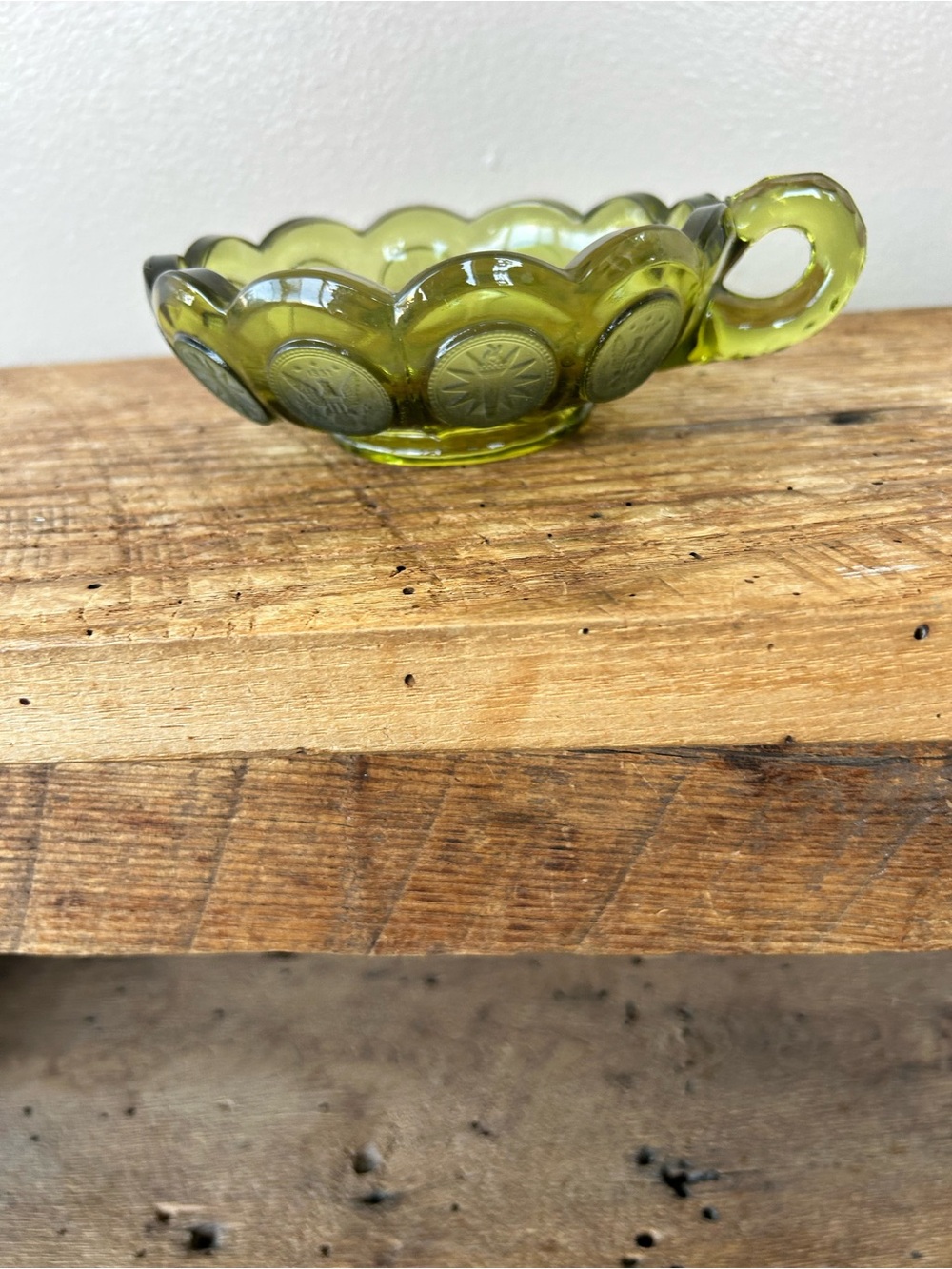 Vintage Fostoria Glass Coin Pattern Glass Nappy/Handled Bowl Olive/Avocado Green